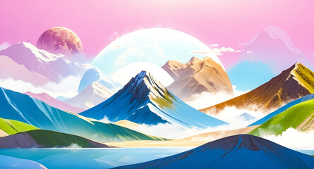 Sticker - Abstract Mountains with Pink Sky and Moon