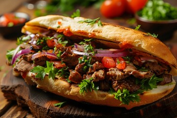 Wall Mural - Delicious Steak Sandwich with Fresh Vegetables and Herbs