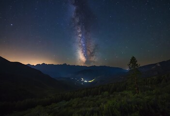 Canvas Print - A clear night sky filled with stars, with the Milky Way visible, above a silhouette of mountains or trees.