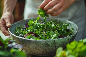 Wall Mural - Fresh Green Salad Preparation with Mixed Herbs