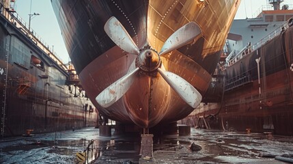 Poster - A propeller of a ship sits in a dry dock, ready for maintenance or repairs