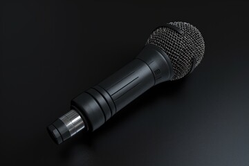 Poster - Close-up of a black microphone on a dark surface, suitable for use in audio-related or technology-themed designs