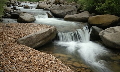 A river flowing over a rocky bed, with clear water cascading over stones and pebbles.