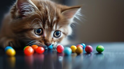 Poster - Curious kitten observes colorful round candies