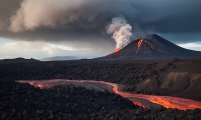 Wall Mural - A dramatic volcanic landscape with lava flows, ash clouds, and rugged terrain.