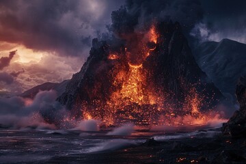 Wall Mural - A volcanic eruption sends molten lava flowing into the ocean, creating a dramatic scene