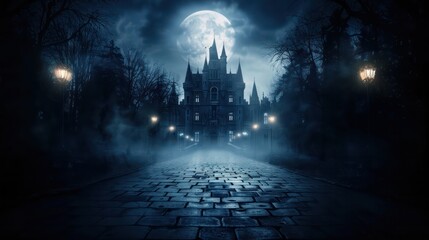 Poster - A castle is shown in the dark with a full moon in the background. The castle is surrounded by a cobblestone walkway