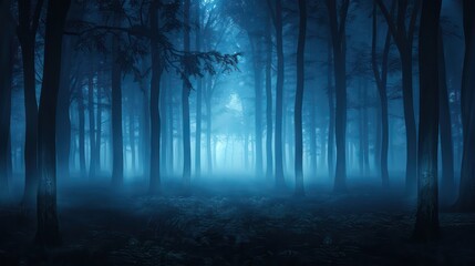 Poster - A forest at night with trees and fog. Scene is eerie and mysterious. The darkness of the night and the fog make the forest seem like a place of unknown dangers and secrets. The trees are tall