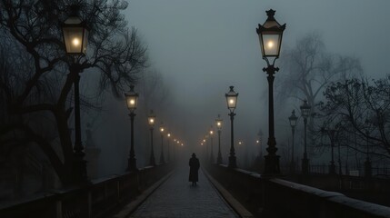 Poster - A man walks down a path in the rain. The street is lit by several street lamps, creating a moody atmosphere