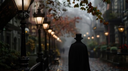 Poster - A man in a black cape walks down a street at night. The street is lit by several street lamps, creating a mysterious and eerie atmosphere