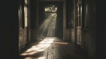 Poster - A dark hallway with a window that is letting in sunlight. The light is shining on the floor, creating a warm and inviting atmosphere
