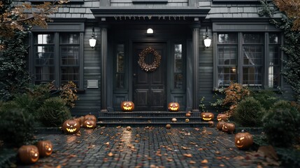 Poster - a house with a black door and a wreath on it. the house is decorated with pumpkins and has a hallowe
