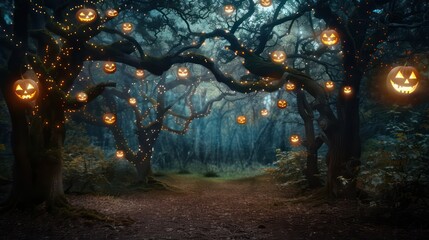 Poster - A forest with a path and many pumpkins hanging from the trees. Scene is spooky and eerie