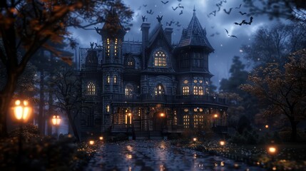 Poster - A large, old house with a creepy vibe. The house is surrounded by trees and has a dark, eerie atmosphere. The night sky is filled with bats, adding to the spooky ambiance. The scene is set in a forest