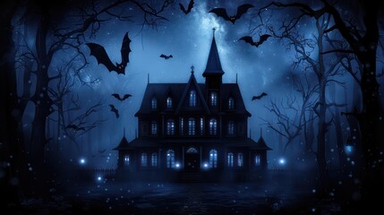 Poster - A creepy house with bats flying around it. The house is surrounded by trees and the sky is dark