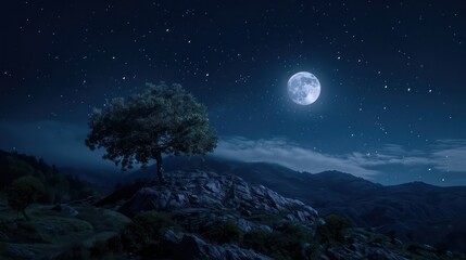 Poster - A tree is lit up with glowing lights and a full moon is in the sky. The scene is peaceful and serene, with the tree standing tall on a rocky hill