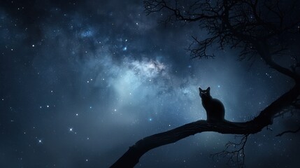 Poster - A black cat is sitting on a tree branch in the dark. The night sky is filled with stars, creating a peaceful and serene atmosphere