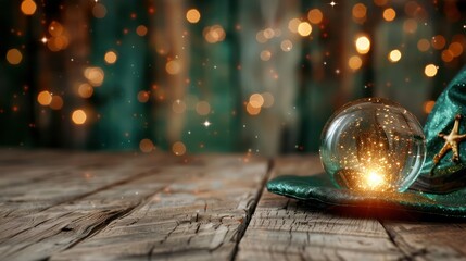 Aufkleber - A green hat with a crystal ball on top of it. The hat is on a wooden table