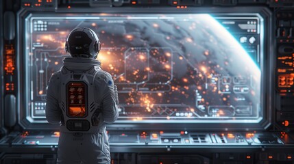 Poster - An astronaut in a spacesuit gazes at a screen in a spaceship cockpit showing Earth, illuminated by city lights with a glowing blue atmosphere