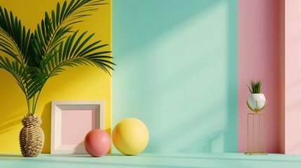 Poster - A room with a yellow wall and a pink wall. A white vase with a plant in it sits on a table