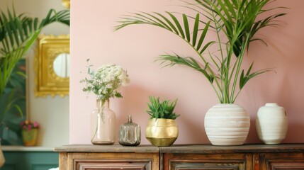Poster - A table with a vase, a potted plant, and a few other vases. The vases are of different shapes and sizes, and the potted plant is tall and green. The table is surrounded by a pink wall