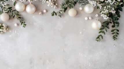 Poster - A white background with a bunch of white Christmas ornaments and greenery. The white background is the main focus of the image, but the ornaments and greenery add a festive