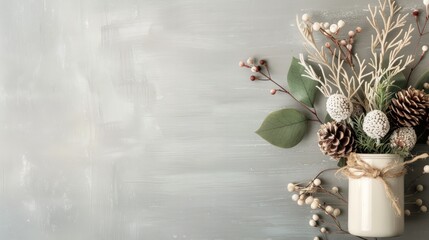 Aufkleber - A white vase with pine cones and berries sits on a grey background. The vase is the focal point of the image, drawing attention to the natural elements surrounding it