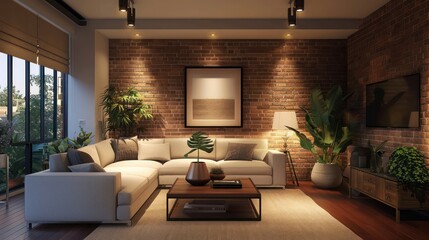 Poster - A living room with a couch, coffee table, and potted plants. The room has a modern and cozy feel, with a brick wall and a large window letting in natural light