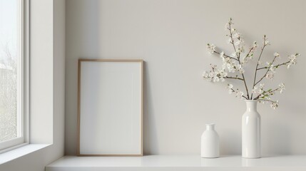 Poster - A white vase with flowers sits on a white table next to a white framed picture. The scene is simple and clean, with a focus on the vase and the picture. The white color scheme creates a sense of calm