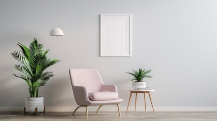 Aufkleber - A white chair sits in front of a white wall with a picture frame on it. A potted plant sits next to the chair. The room is clean and simple, with a minimalist design