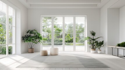 Aufkleber - A large open room with white walls and a white carpet. There are two potted plants, one on the left and one on the right. The room has a minimalist design and a clean, bright atmosphere