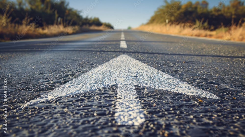 An asphalt road stretches into the distance with a painted white arrow ...