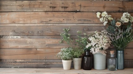 Aufkleber - A wooden wall with a bunch of potted plants and vases on it. The plants are of different sizes and colors, and the vases are of various shapes and sizes