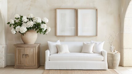 Poster - A white couch sits in front of a wooden cabinet. The room has a clean and simple design, with a neutral color palette