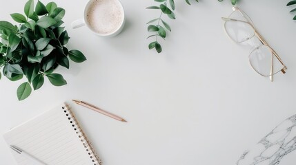 Poster - A white table with a notebook, pen, and glasses. The notebook is open to a page with a plant on it