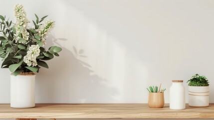 Aufkleber - A white vase with a green plant sits on a wooden shelf