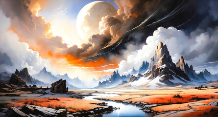 Wall Mural - Fantasy Landscape with Mountains, Clouds, and a Celestial Body