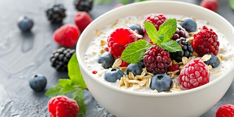 Wall Mural - Creamy porridge with mixed berries mint granola and milk. Concept Breakfast, Porridge, Berries, Mint, Granola, Milk