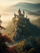 © Debasish - A stunning, vibrant cinematic photograph of a mysterious old castle in the mist-shrouded foothills of a mystical forest