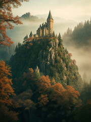 A stunning, vibrant cinematic photograph of a mysterious old castle in the mist-shrouded foothills of a mystical forest