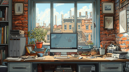 Poster - A cluttered desk by a large window overlooks a city street. Sunlight streams in, highlighting the computer, books, pencils, and a potted plant
