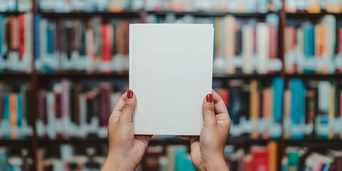 Poster - Woman holding a blank book cover in a bookstore