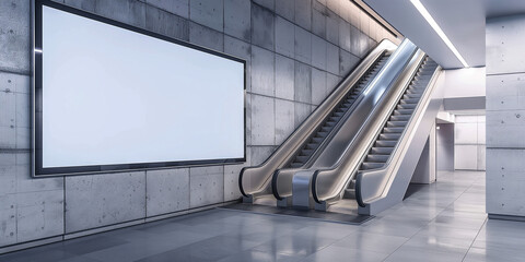 Aufkleber - Blank billboard in underground hall with escalator going up