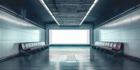 Aufkleber - Empty subway station platform showing large blank billboard with seats