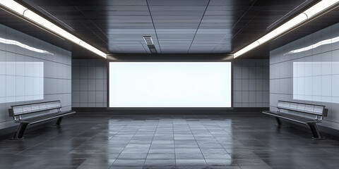 Aufkleber - Subway station with empty billboard featuring two benches and tiled walls