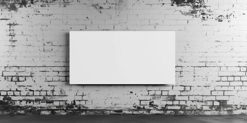 Poster - White rectangular frame hanging on old brick wall providing copy space