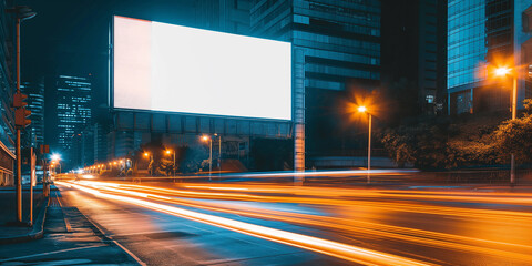 Poster - Blank billboard at night with city traffic light trails