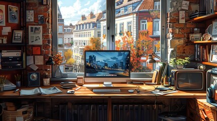 Poster - A desk with a computer, books, and a vintage television sits in front of a window overlooking a city street with autumn foliage.