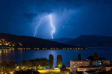 Canvas Print - lightning over the city of Kastoria Greece