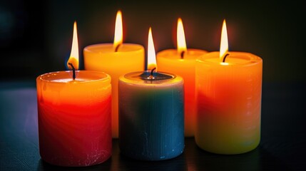 Wall Mural - Closeup of five candles burning on table with dark background